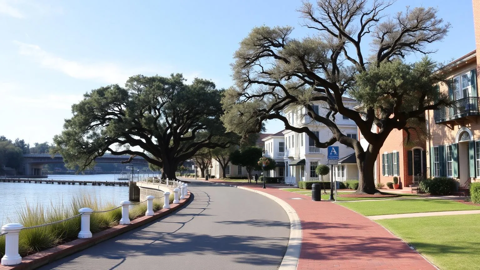 Riverside street with live oaks and historic buildings in Orange Park Florida