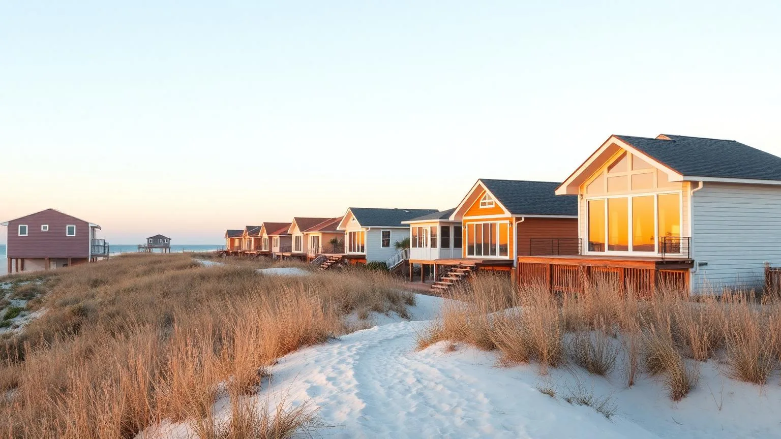 Oceanfront beach homes behind sea oats and dunes at sunset in Neptune Beach Florida